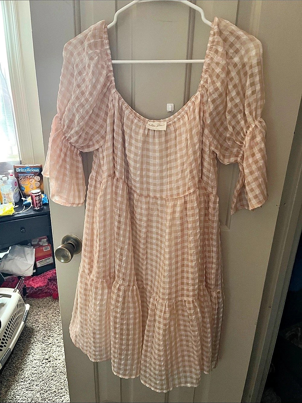 Allie Rose Gingham Puff Sleeve Mini Dress in Pink &